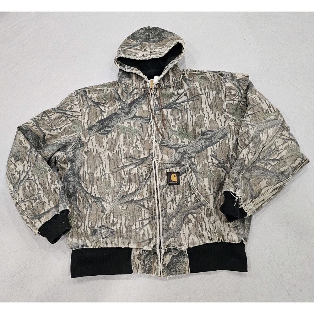 Carhartt Mossy Oaks Tree Stand Camo Jacket Hooded Mens Lg Distressed JR345